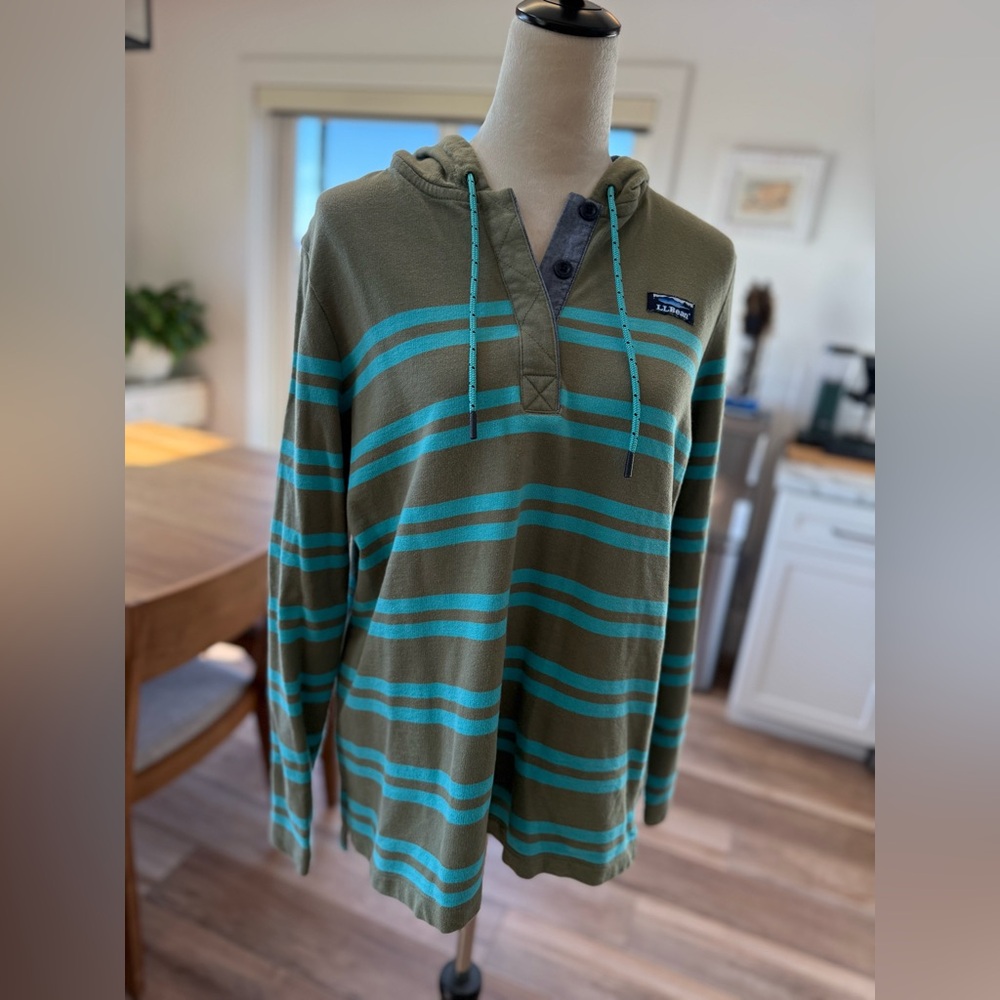 L.L. Bean Women’s Olive and Teal Striped Rugby Style Hoodie